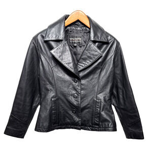 Y2K Wilsons Black Leather Jacket Women's Size Small Button Front Short Length